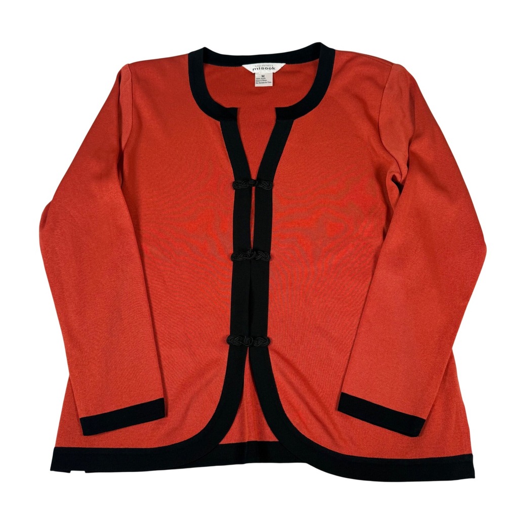 Misook Cardigan Sweater Womens M Red Black Acrylic Knit Frog Closure Classic